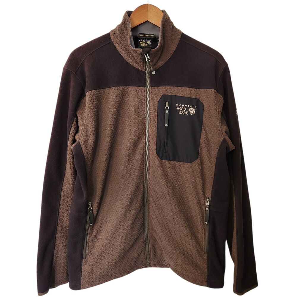 Mountain Hardwear Men’s L Honeycomb Fleece Full Zip Pockets Brown/Black Hiking